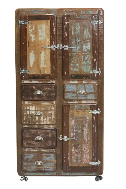 Reclaimed Ice Box Cabinet with 5 Drawers, 3 Doors on Rollers - popular handicrafts